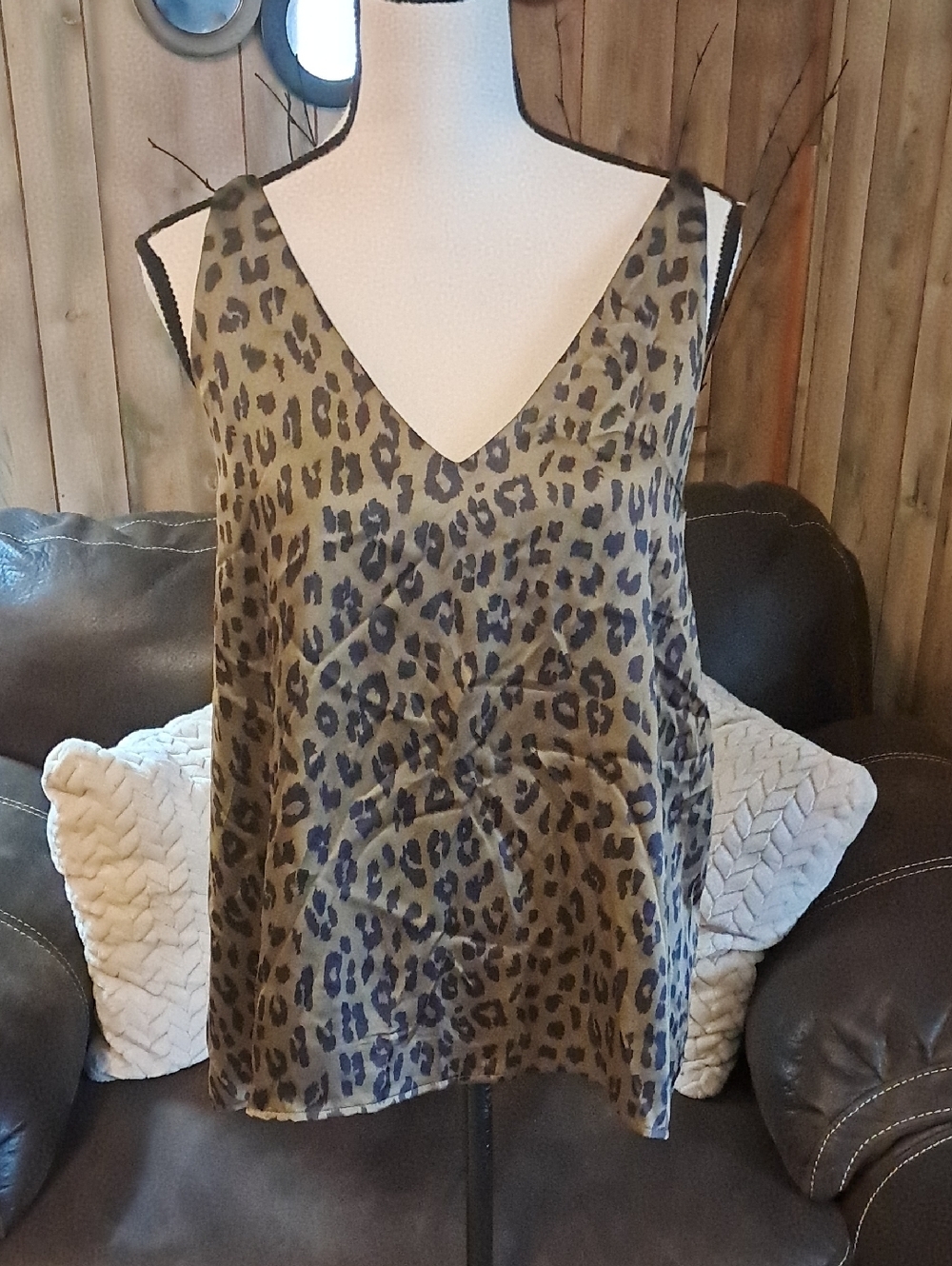 Adrienne Classic Leopard Print Blouse Top Olive Green & Black Spots Professional
